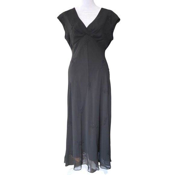 Vintage Dresses & Skirts - Vintage 1990s Beaded Sheer Empire Waist Black Midi Dress 10 Formal Silky Y2K
